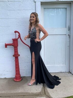 ellie wilde Black Beaded Cutout Prom Gown with Thigh Slit
